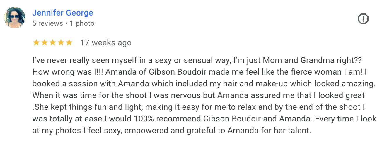 Google review of a client for her luxury boudoir photography session in Hamilton, Ontario.