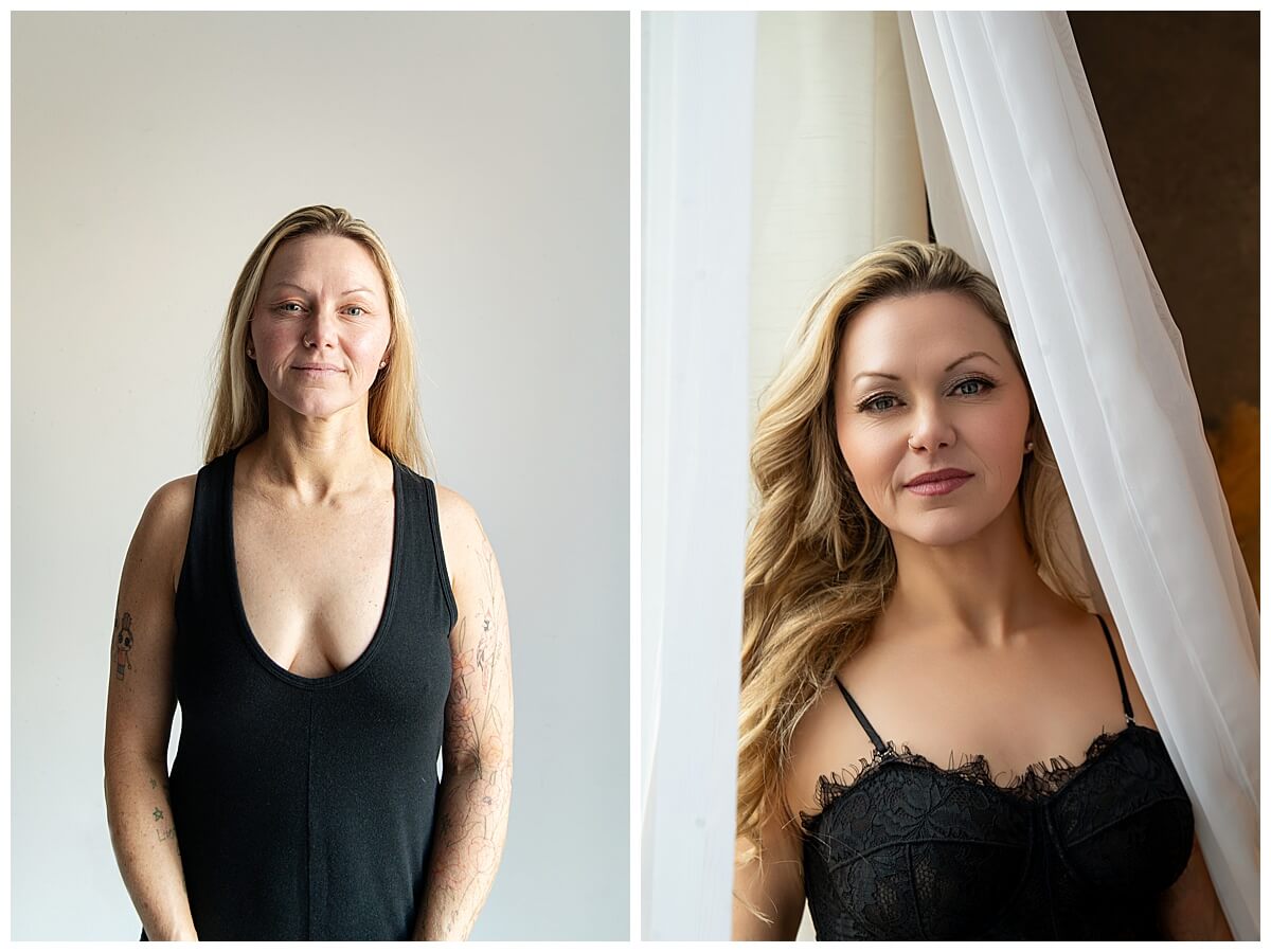 Blonde haired women wearing black before and after photographer makeup artist Toronto boudoir photos.