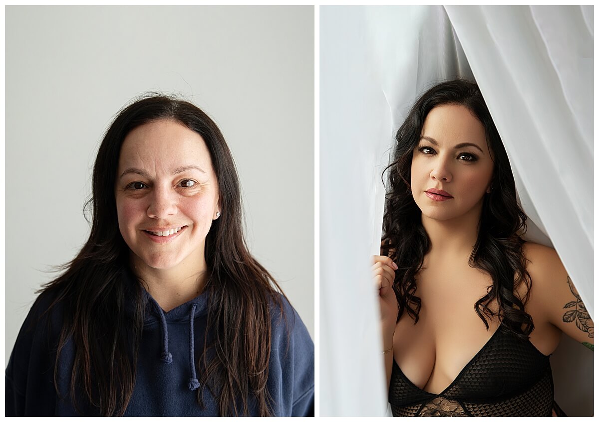 before and after photo of a brown haired women wearing black lingerie.