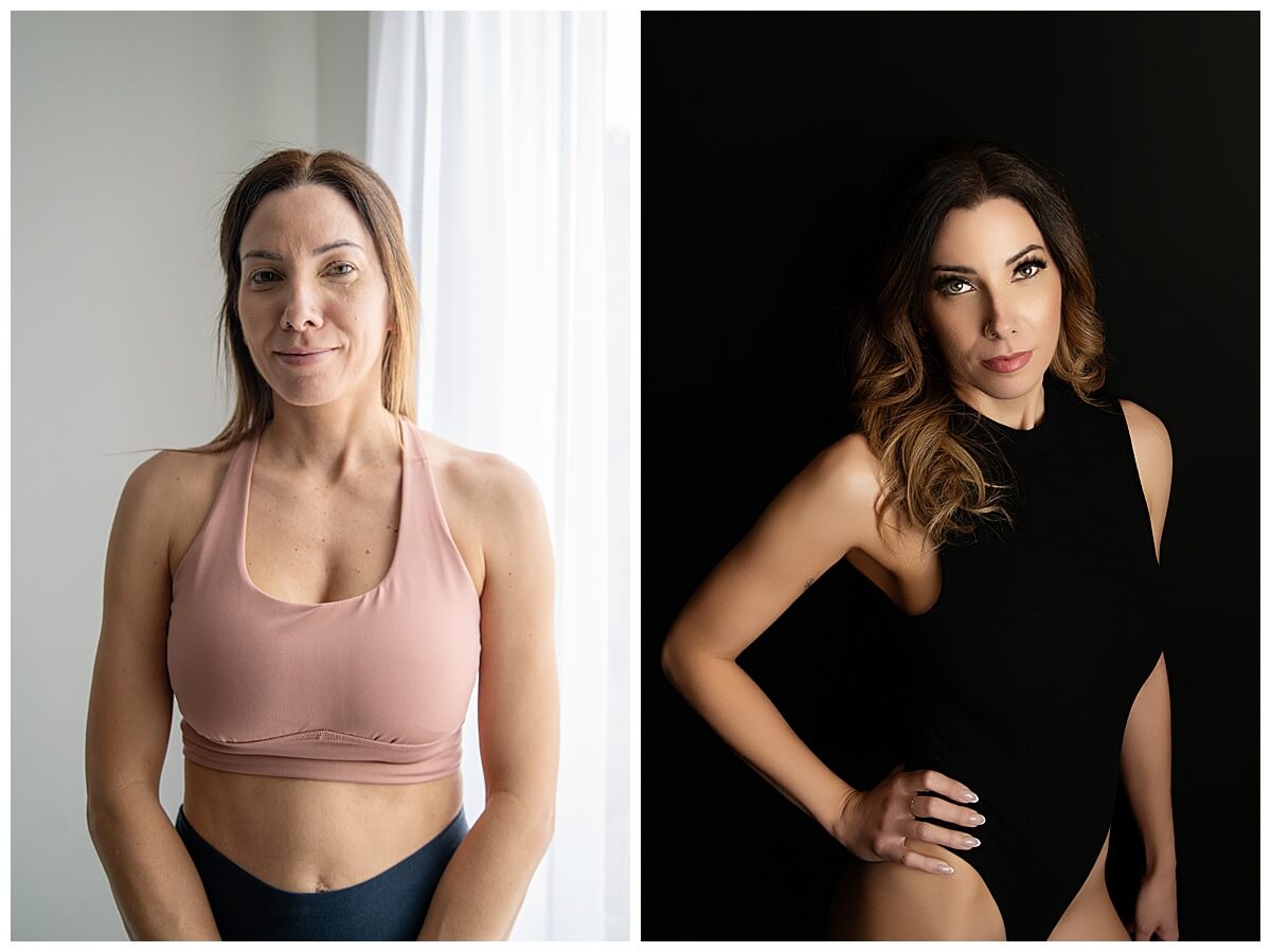 before and after photo of a woman wearing a black bodysuit for her Toronto boudoir photos makeup artist Toronto.