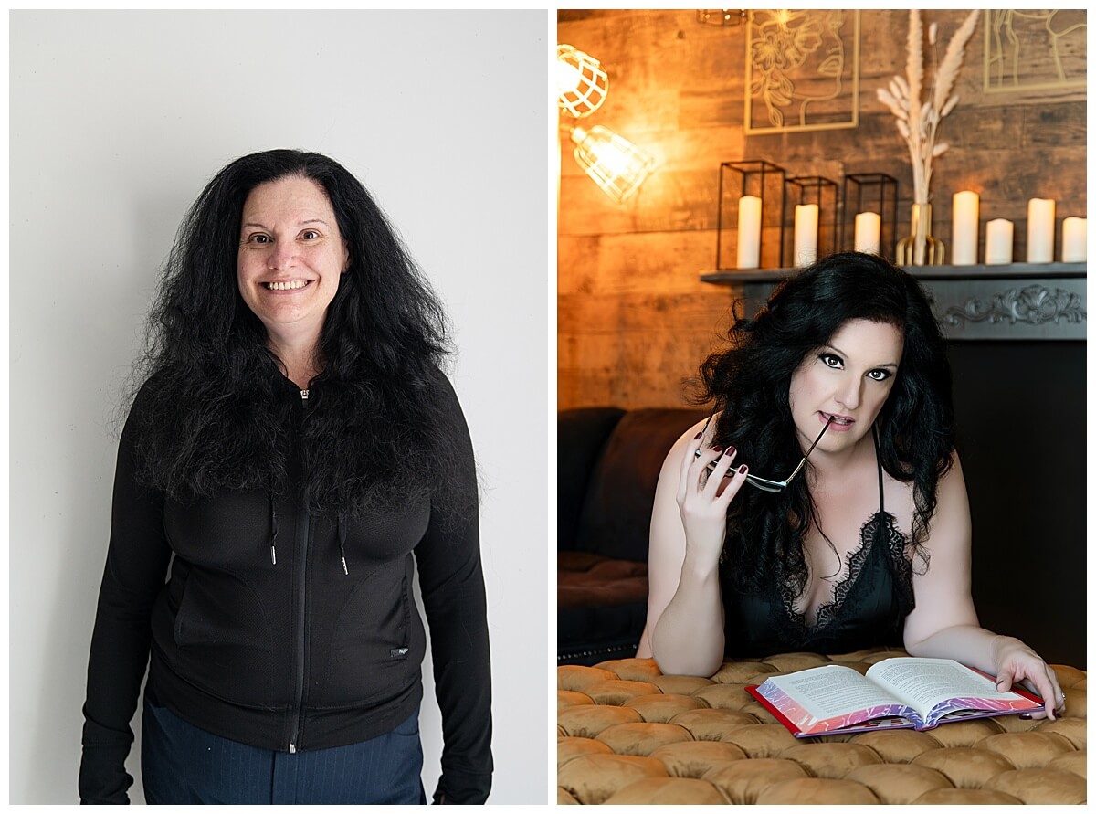 black haired woman kneeling on the ground with her glasses in her mouth with an open book in front of her.